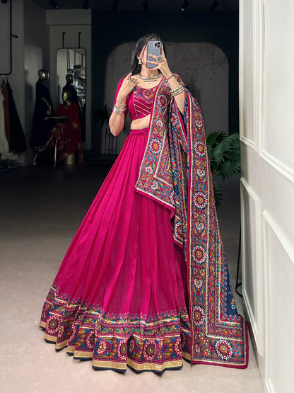 Gamthi Print and Embossed Lace Silk Chaniya Cholis for Navratri Fully Stitched