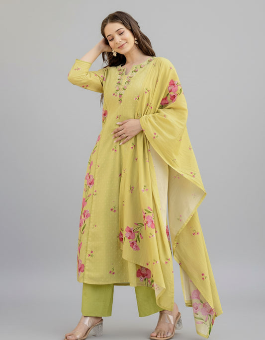Lime Yellow Chanderi Cotton Soft Kurti Set