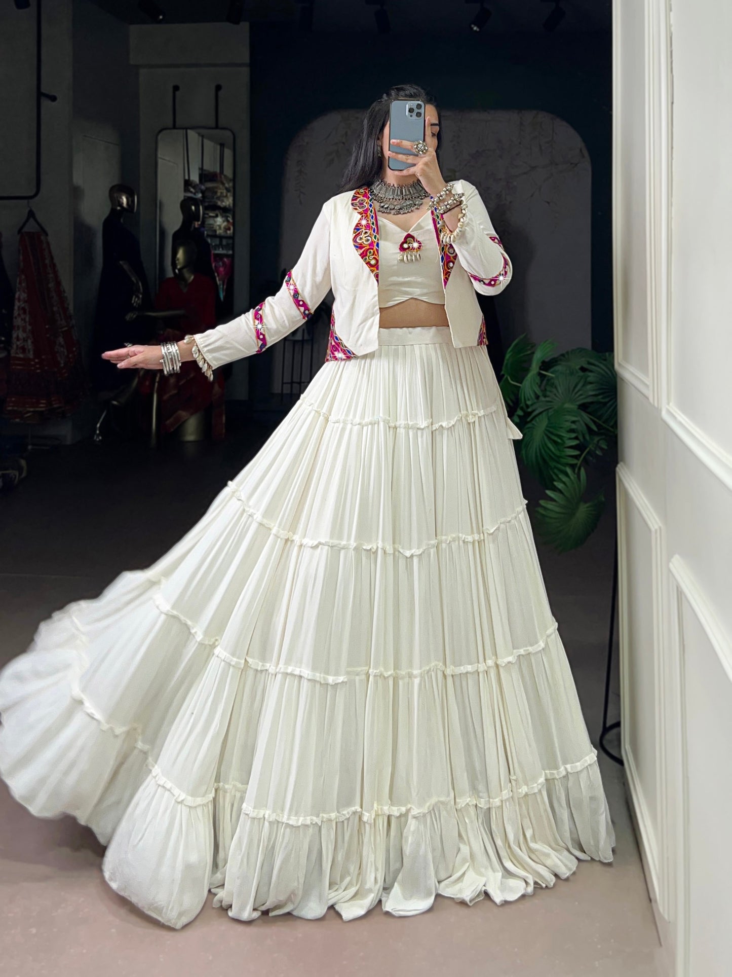 Premium Rayon Cotton With Gamthi and Kodi Work Chaniya Cholis with Koti Jacket Fully Stitched