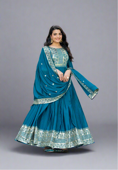 Harshita - Premium Silk Turquoise Gown with Sequins Work Fully Stitched