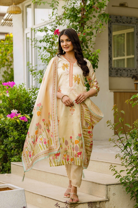 Vyoma - Beautiful Cream Handwork Kurti, Pant and Dupatta Set in 3 Designs Fully Stitched