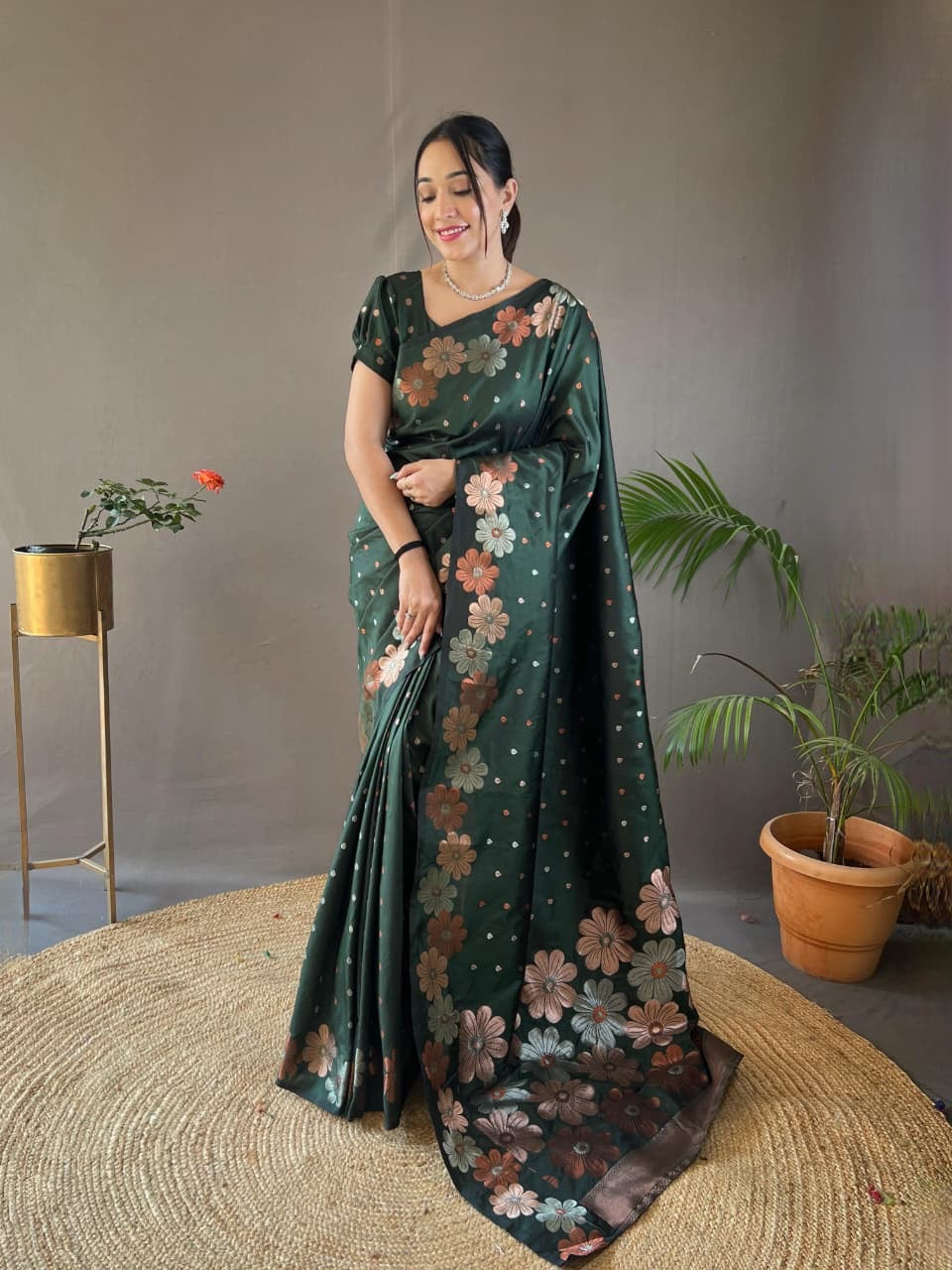 Palki - Soft Silk Copper and Gold Zari Weaving Flower Weaved Saree with Stitched Blouse Options