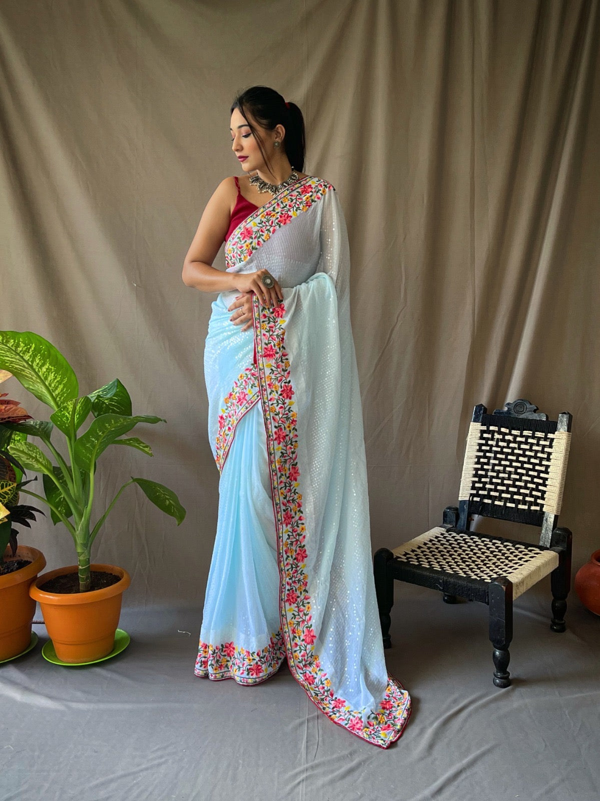 Pure georgette saree with sequence work all over saree with stitched blouse