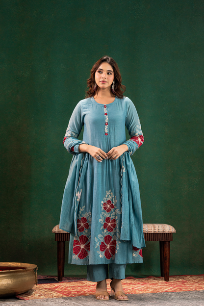 Sea Blue Chanderi Silk Flairer Kurti Set Fully Stitched