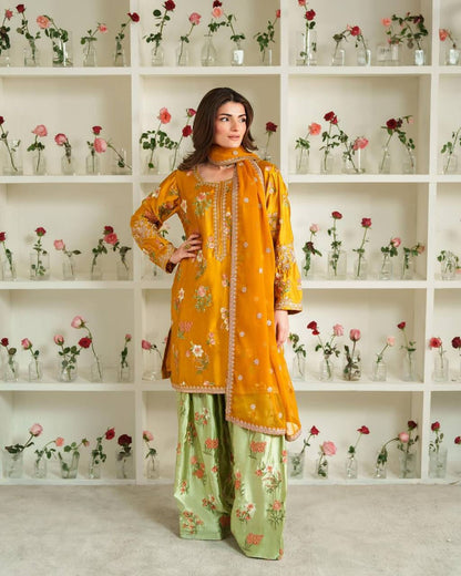Mustard & Mahendi Floral Embroidery Salwar Suit Fully Stitched