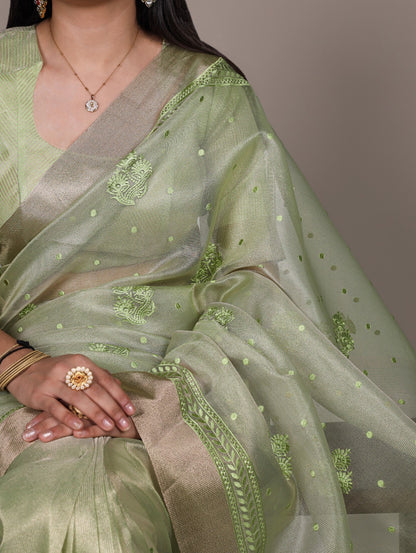 Malvika - Premium Shimmer Net type Pastel Colours Saree with Stitched Blouse of your Own Style