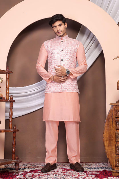 Peach Stylish Kurta with Koti for Wedding & Festive Looks - Men's Wear