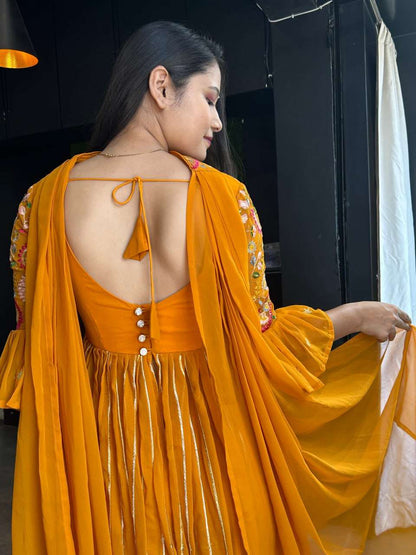 Mustard embroidered soft georgette sharara dress with top and dupatta fully stitched