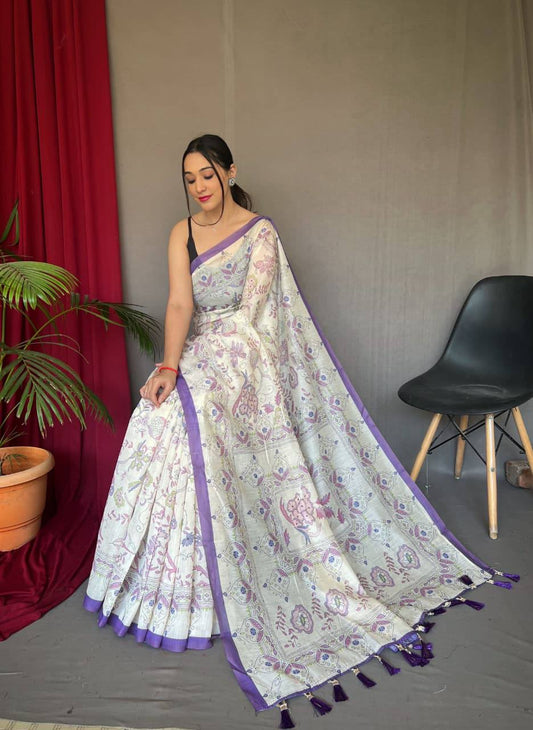 Premium White Cotton Sarees with Katha Prints with Fully Stitched Blouse