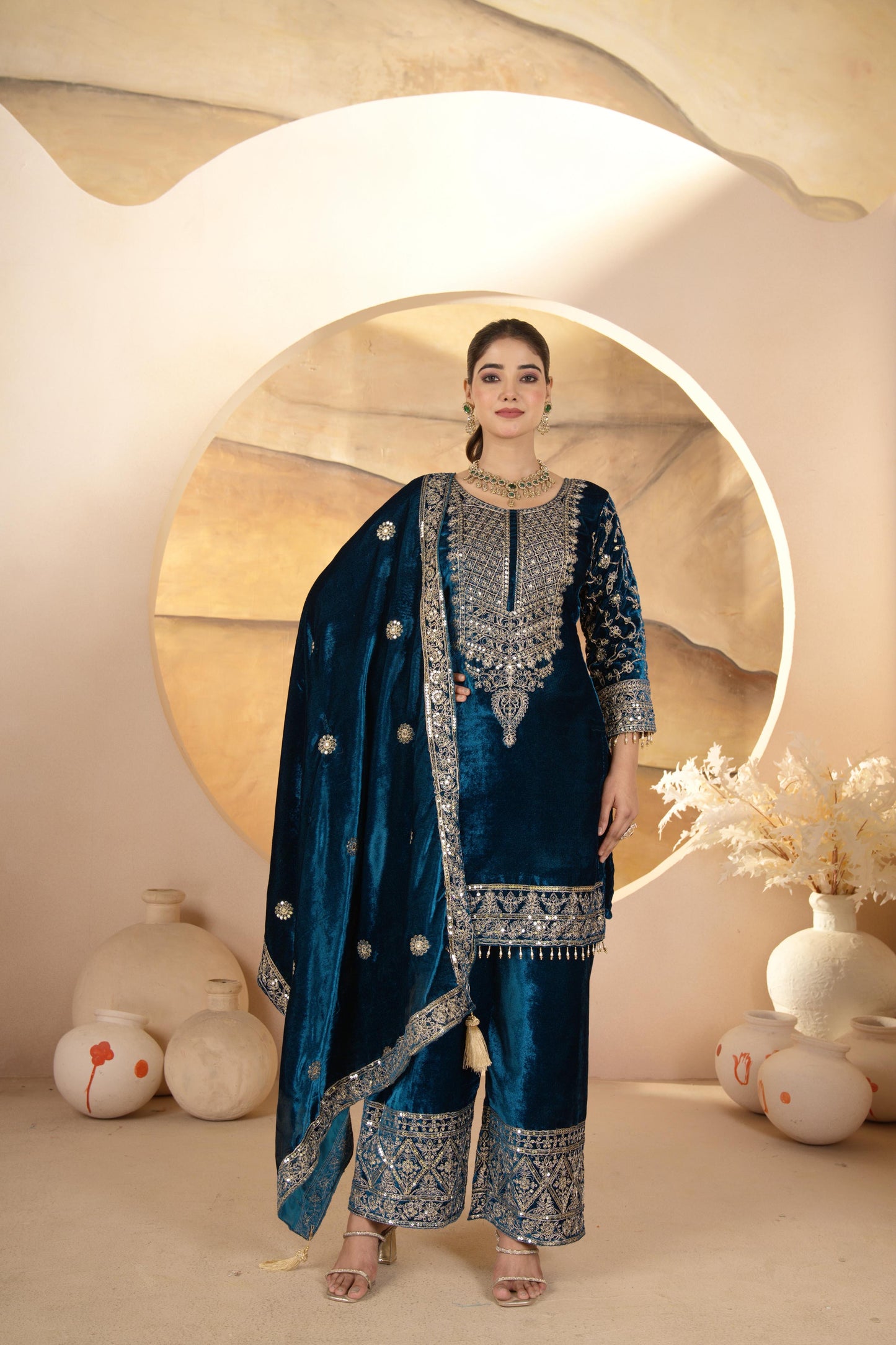 Noor - Bottle Green Premium Velvet Fabric with beautiful Embroidery Suit Fully Stitched