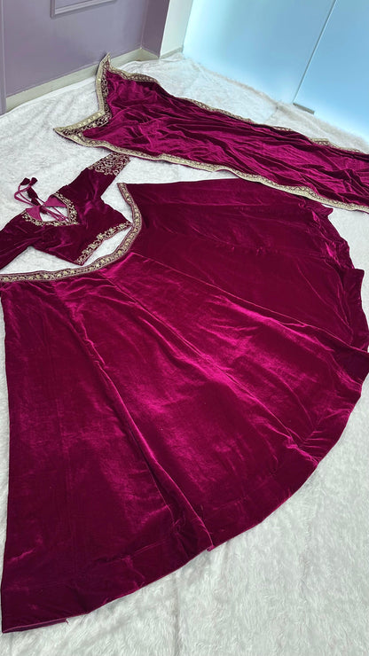 Premium Dark Pink Velvet Lehenga Fully Stitched