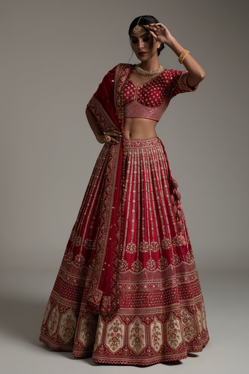 Woman wearing a traditional red and gold lehenga with intricate patterns on a dark background