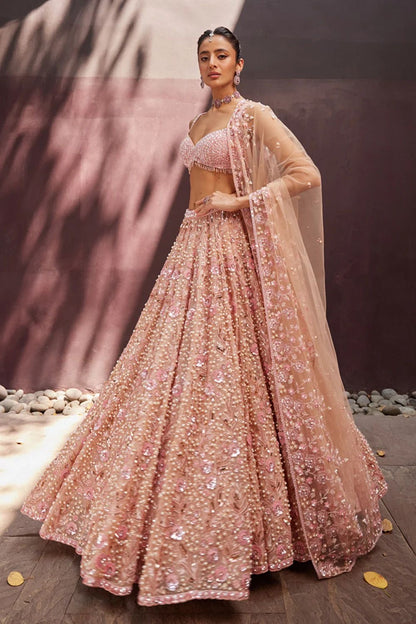 Premium Peach Georgette Floral Work Lehenga with Sequins and Pearl Work Fully Stitched