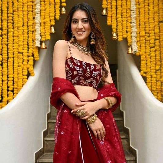 Maroon velvet fully stitched lehenga