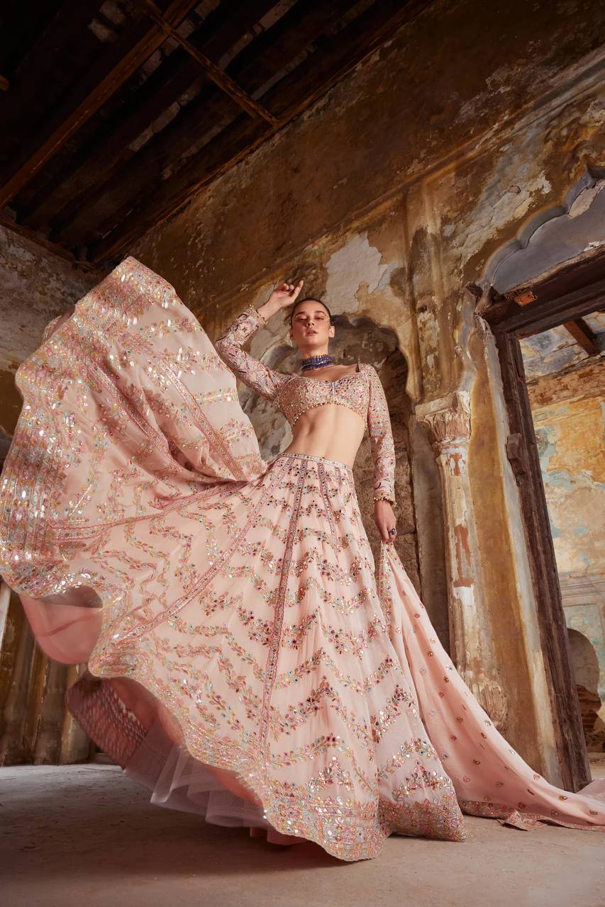 Peach Soft Georgette Embroidered Premium Lehenga