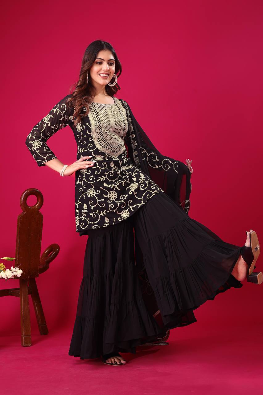 Soft Georgette Black Sharara Set Fully Stitched