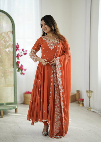 Dark Orange Premium Faux Georgette Anarkali Gown with Beautiful Work Fully Readymade
