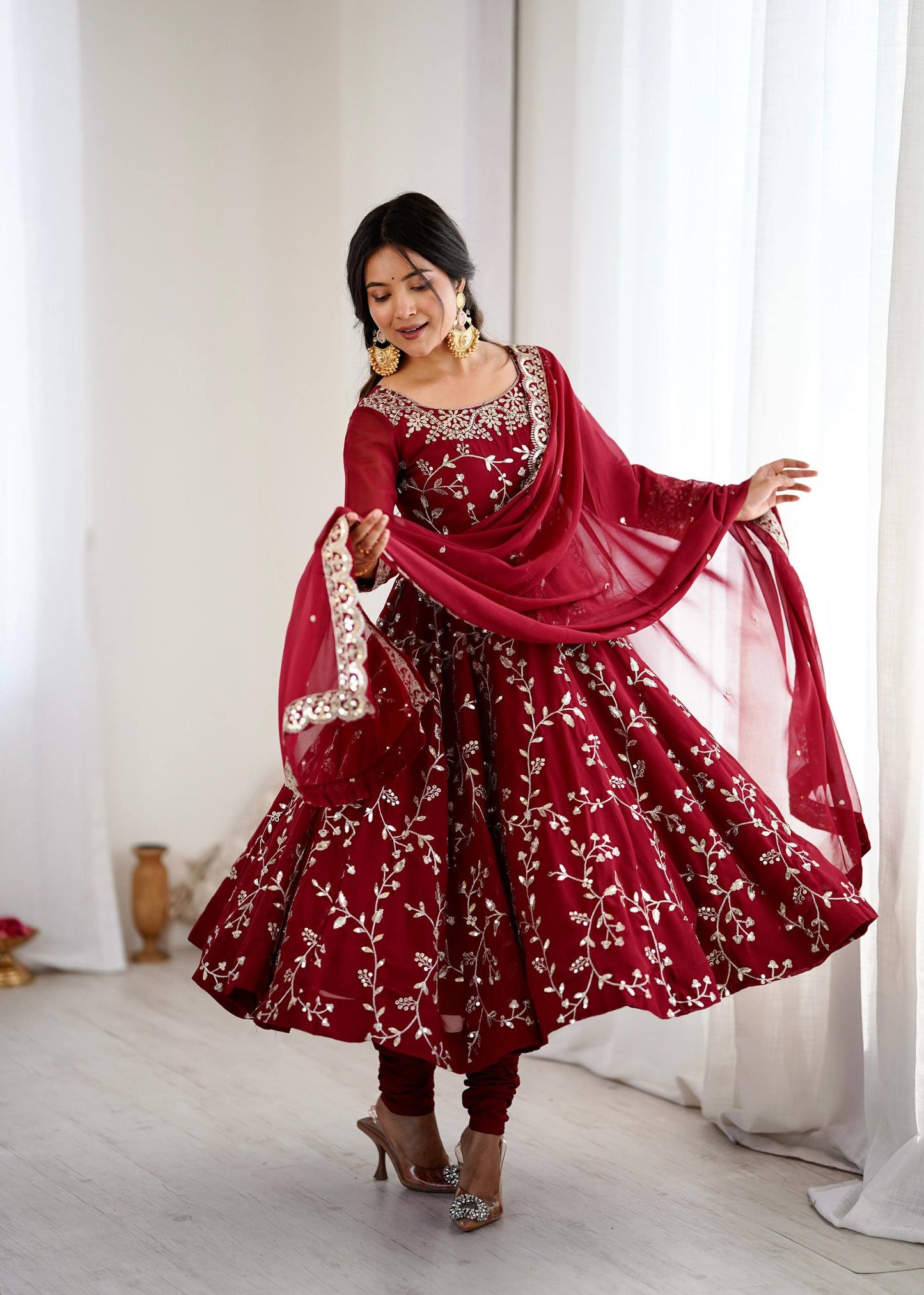 Preeva - Cherry 🍒 Pink  Soft Georgette with Full Embroidery Gown Fully Stitched