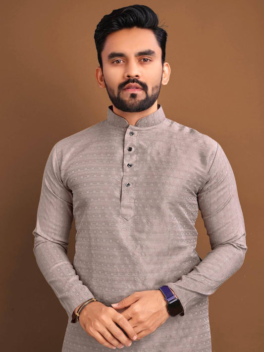 Brown Men's kurta Weaving style jaquard fabric with pure Cotton Pajama