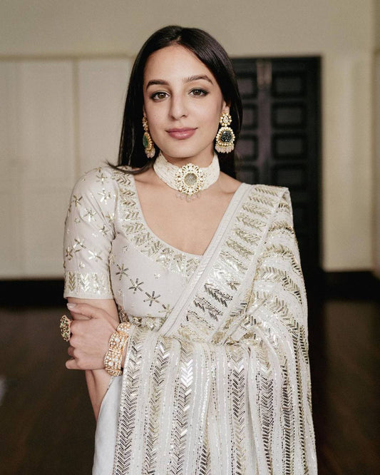 White Georgette sequins saree with stitched blouse