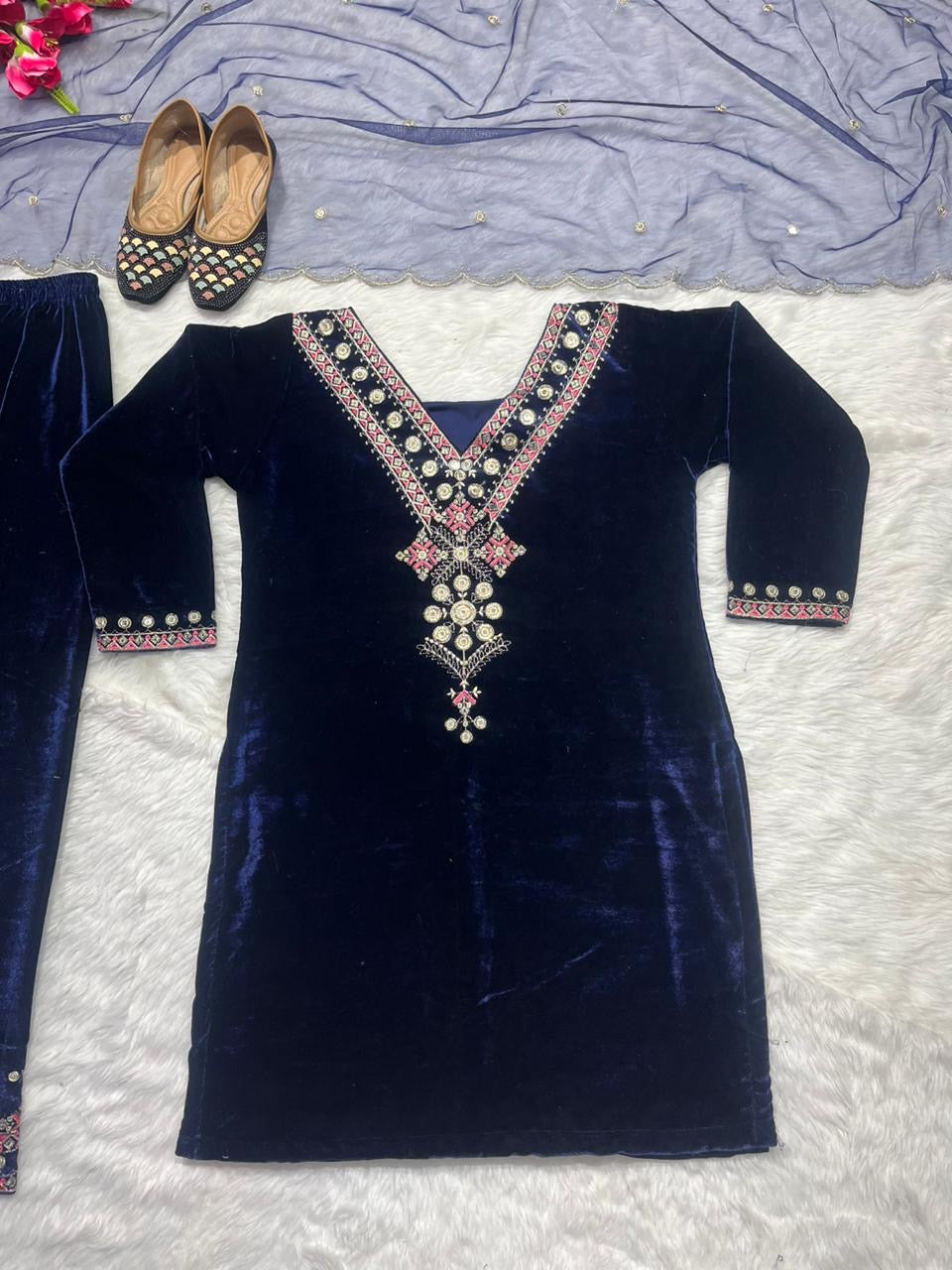 Navy blue Velvet Top with pants