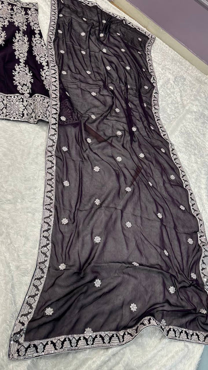 Black Silk Lehenga with White Threadwork Fully Stitched