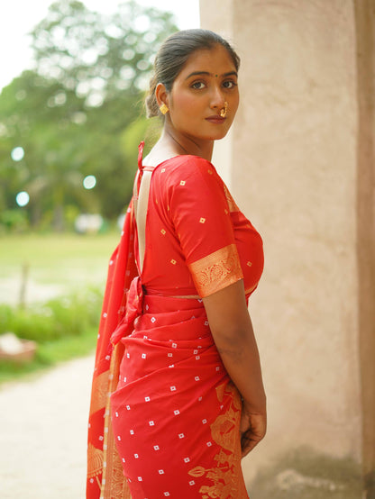 Apsara - Soft Silk with Hand Bandhej Pattern Gold Border Paithani Saree with Stitched Blouse Options