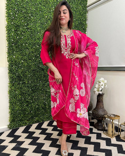 Soft Silk Rani Pink Embroidered Kurti Pant with Floral Printed Dupatta