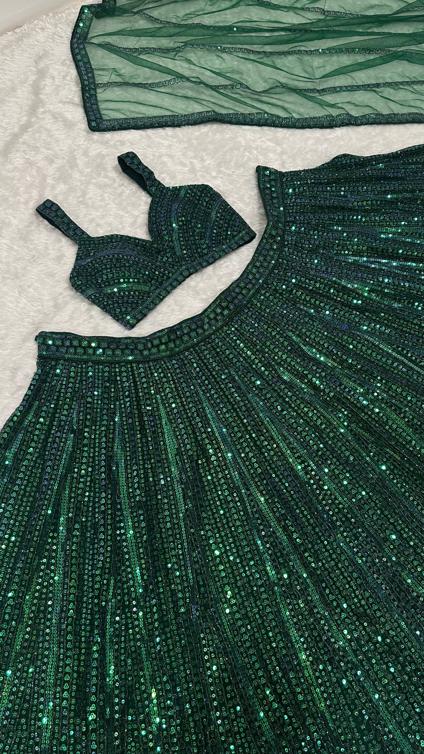 Premium Emerald Green Net Lehenga with Fully Sequins Work Fully Stitched