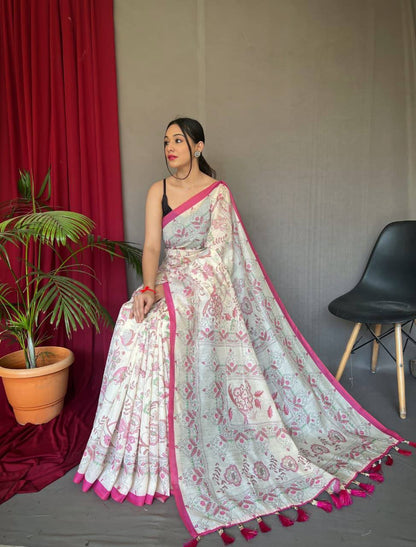 Premium White Cotton Sarees with Katha Prints with Fully Stitched Blouse