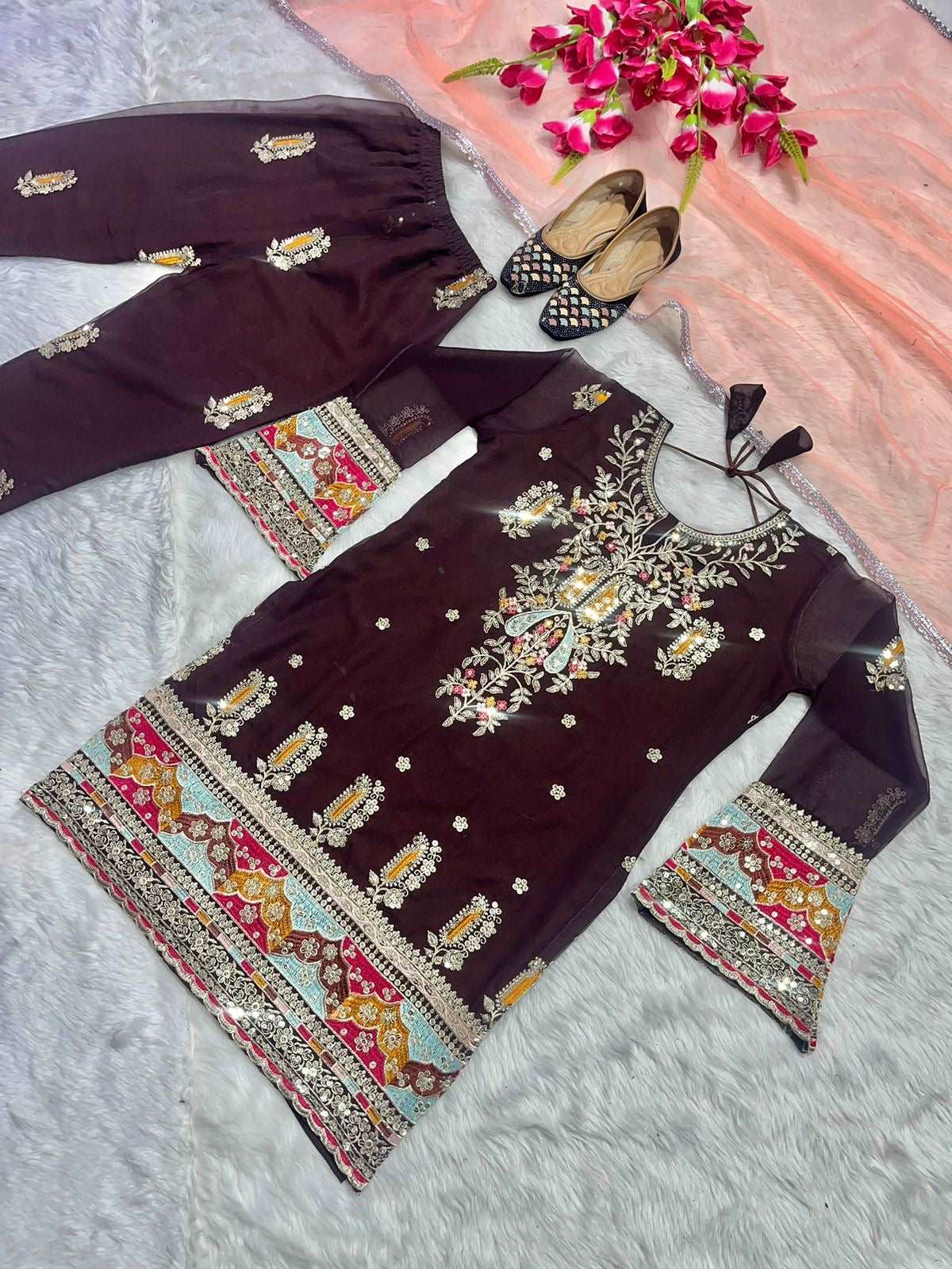 Dark purple top with pant and dupatta