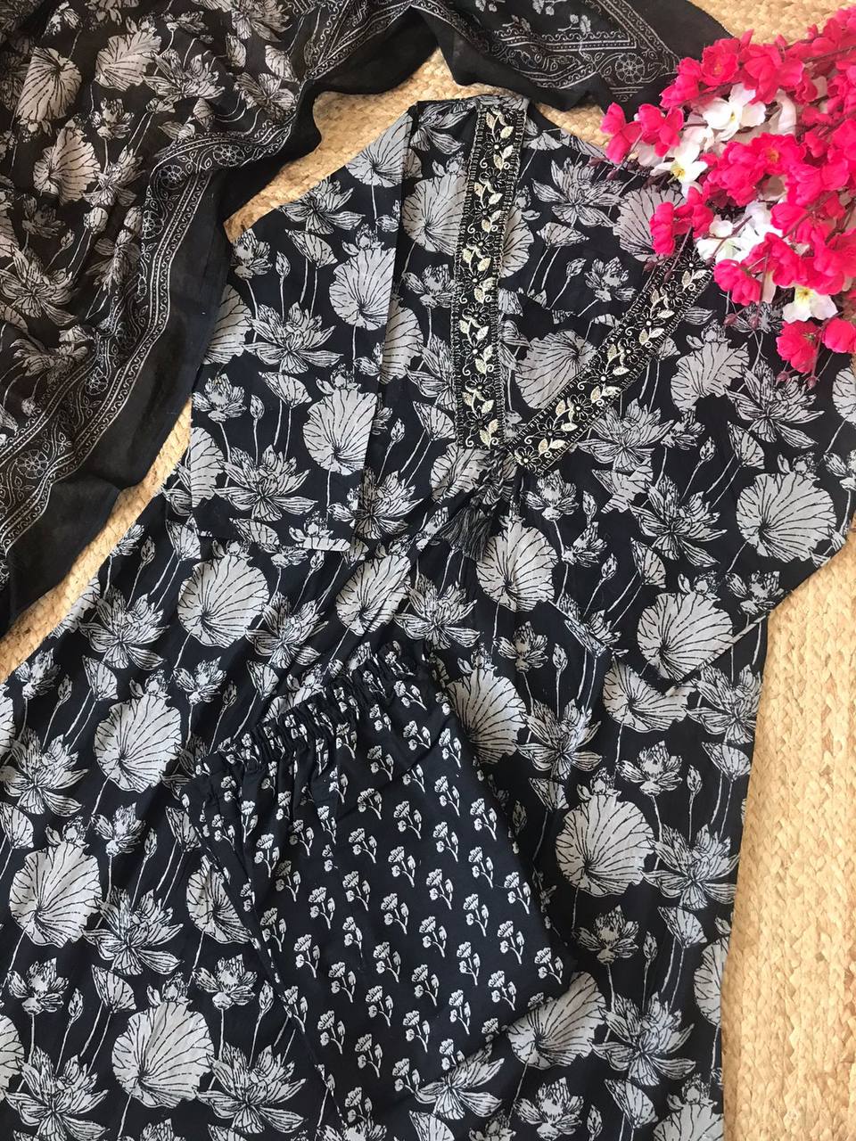 Black and white cotton premium suit with pant and dupatta