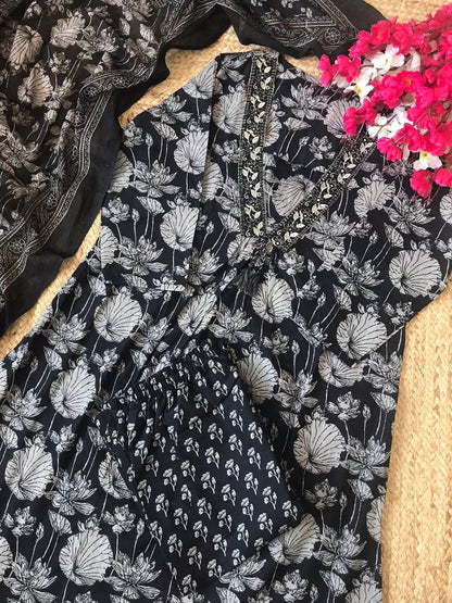 Black and white cotton premium suit with pant and dupatta