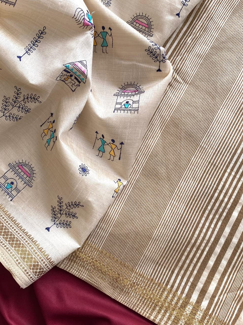 Saheli - Pure Loom Tussar Silk with Beautiful Embroidery Doodle Art and Stitched Blouse Options