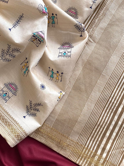 Saheli - Pure Loom Tussar Silk with Beautiful Embroidery Doodle Art and Stitched Blouse Options