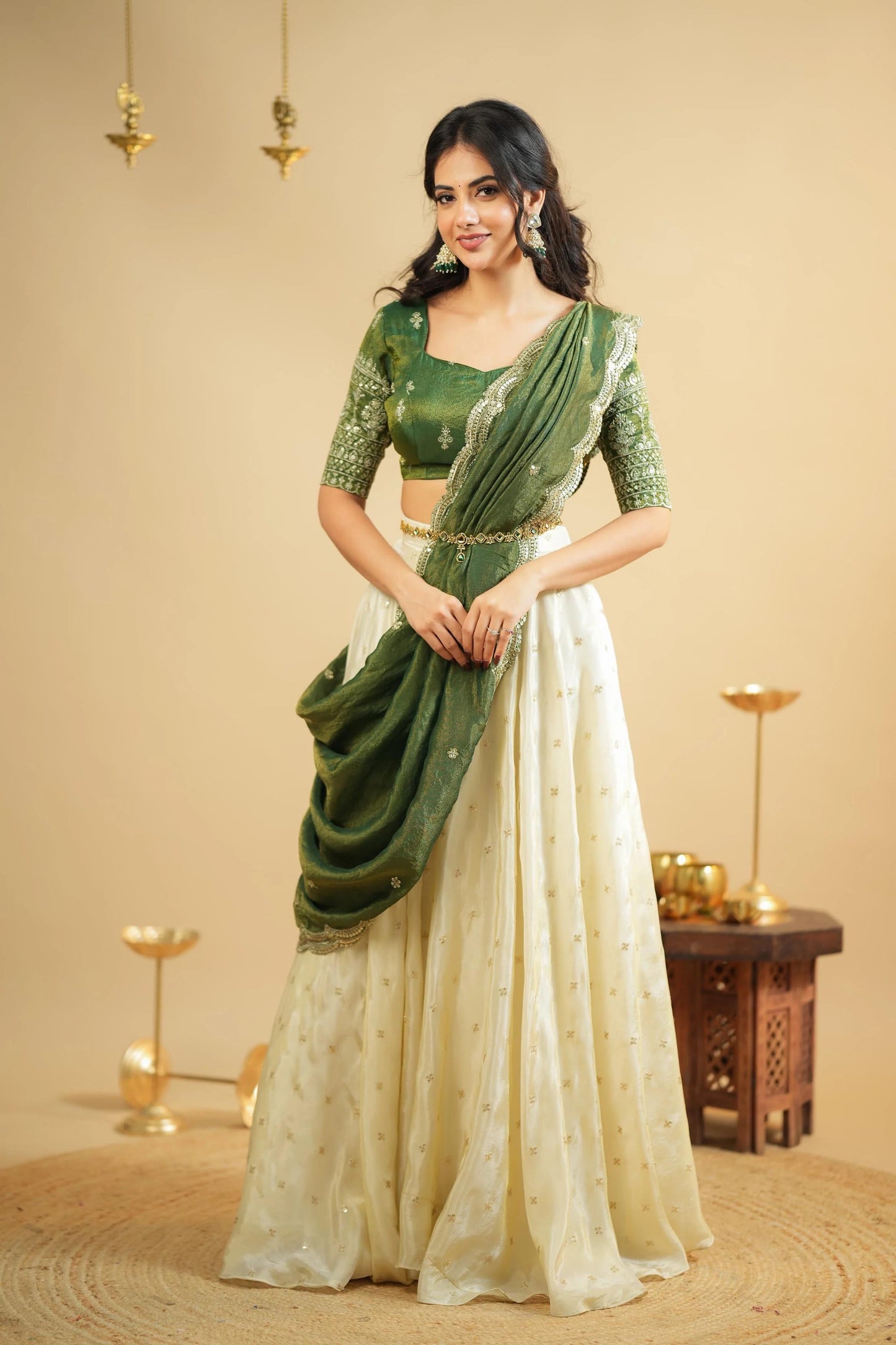 Saumya - Premium Green and White Silk Lehenga Fully Stitched