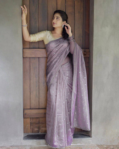 Pastel Purple Twil Net Saree with Sequins and Embroidered Blouse