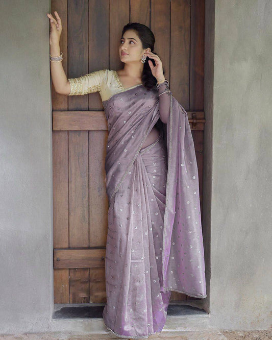 Pastel Purple Twil Net Saree with Sequins and Embroidered Blouse