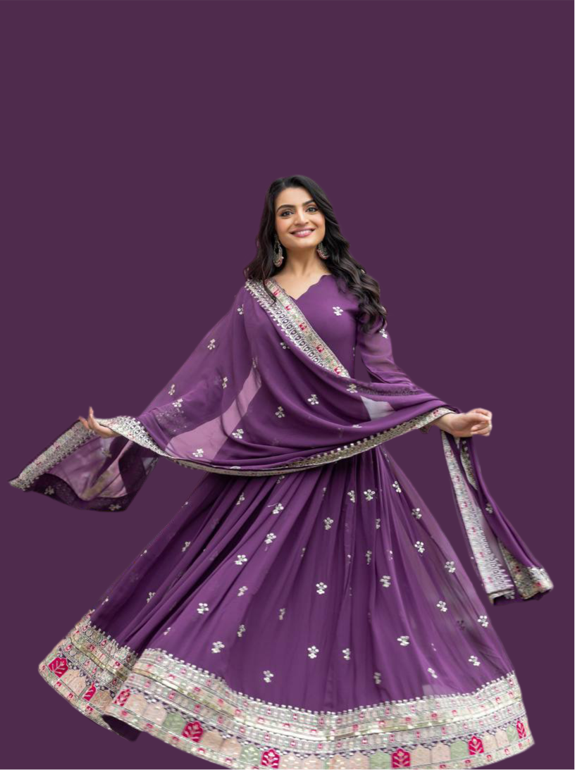 Eggplant Purple Premium Embroidered Gown fully stitched