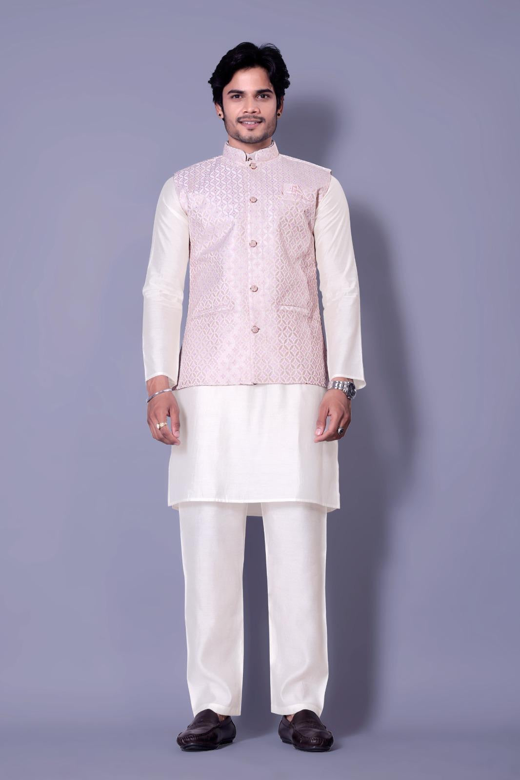 Baby Pink Designer Koti Kurta Set for Men - Indian Ethnic Fashion Online