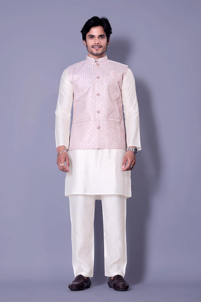 Baby Pink Designer Koti Kurta Set for Men - Indian Ethnic Fashion Online