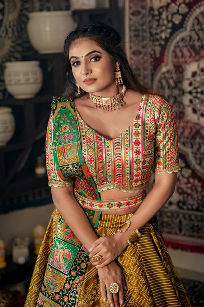 Vihangi- Mustard and green detailed print fully stitched lehenga