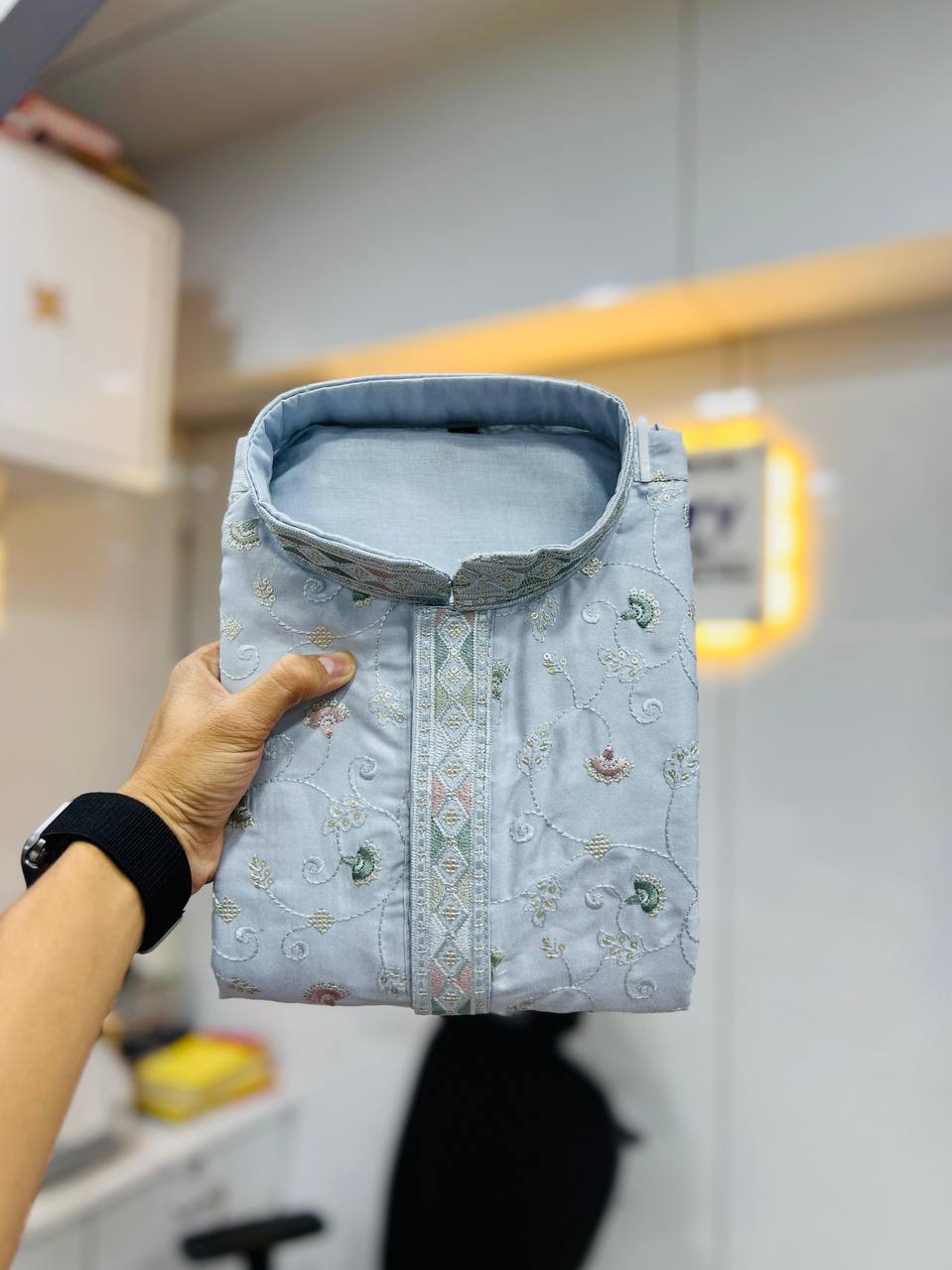 Men's Silk Fabric Floral Embroidered Kurta with Pajama