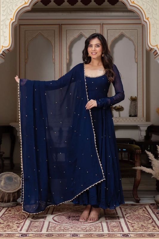 Beautiful Navy Blue Georgette Gown Fully Stitched