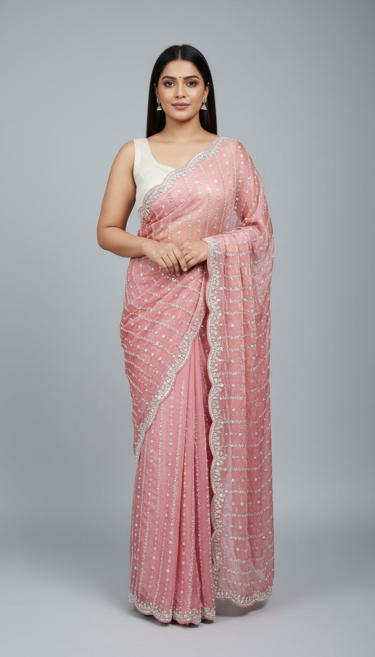 Pink beaded evening gown on a wooden floor with a neutral wall background