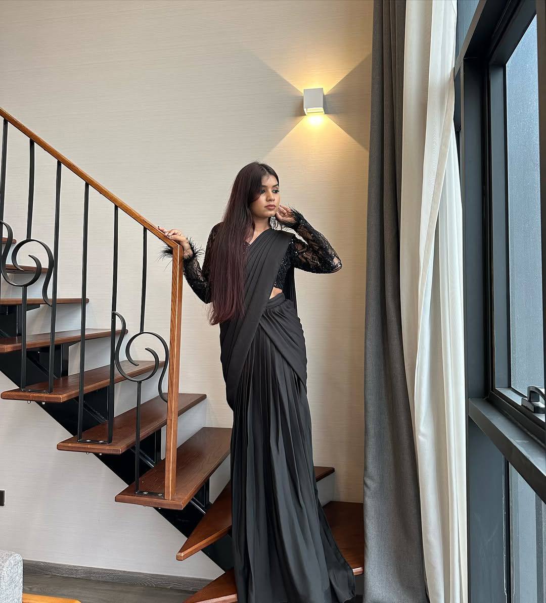 Malaika - Jet Black Premium Silk Lehenga Fusion Saree for Dinner, Parties or Marriage Functions