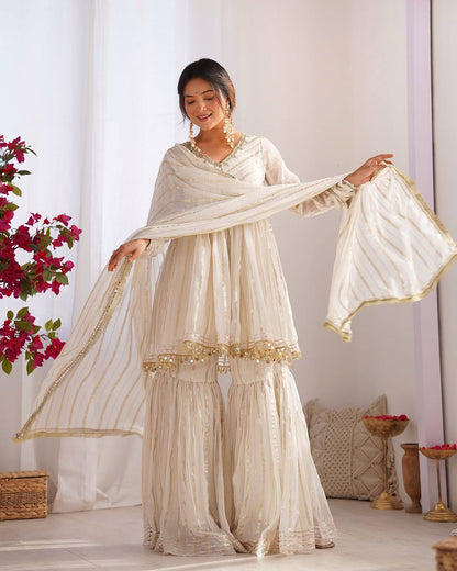 Erika - Premium Soft Mal Fabric White Elegant Sharara Suit Fully Stitched