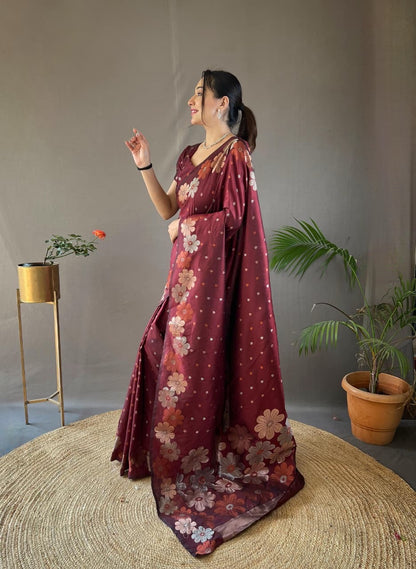 Palki - Soft Silk Copper and Gold Zari Weaving Flower Weaved Saree with Stitched Blouse Options