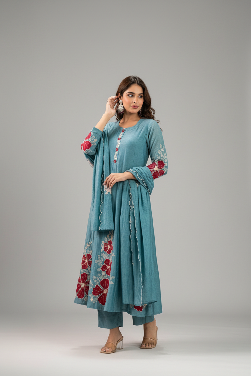 Woman wearing a teal embroidered outfit against a dark green background