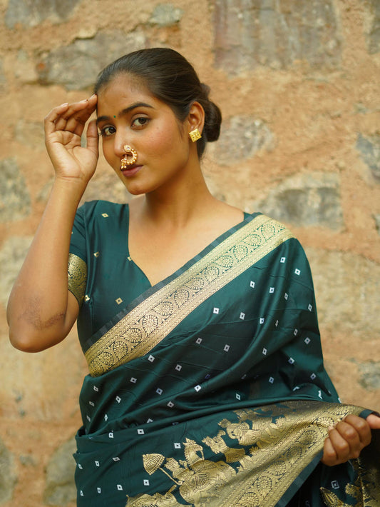 Apsara - Soft Silk with Hand Bandhej Pattern Gold Border Paithani Saree with Stitched Blouse Options